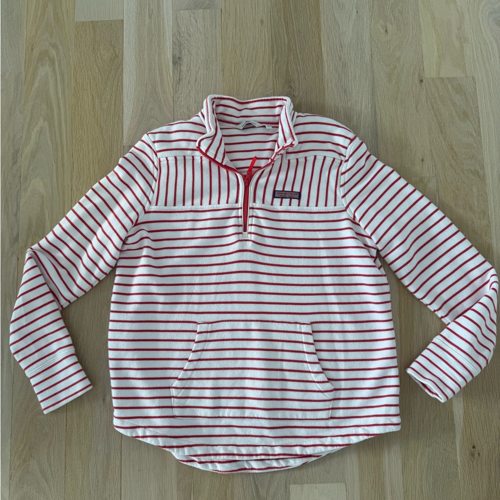 Vineyard Vines Deep Coral and White Striped Quarter Zip Pullover